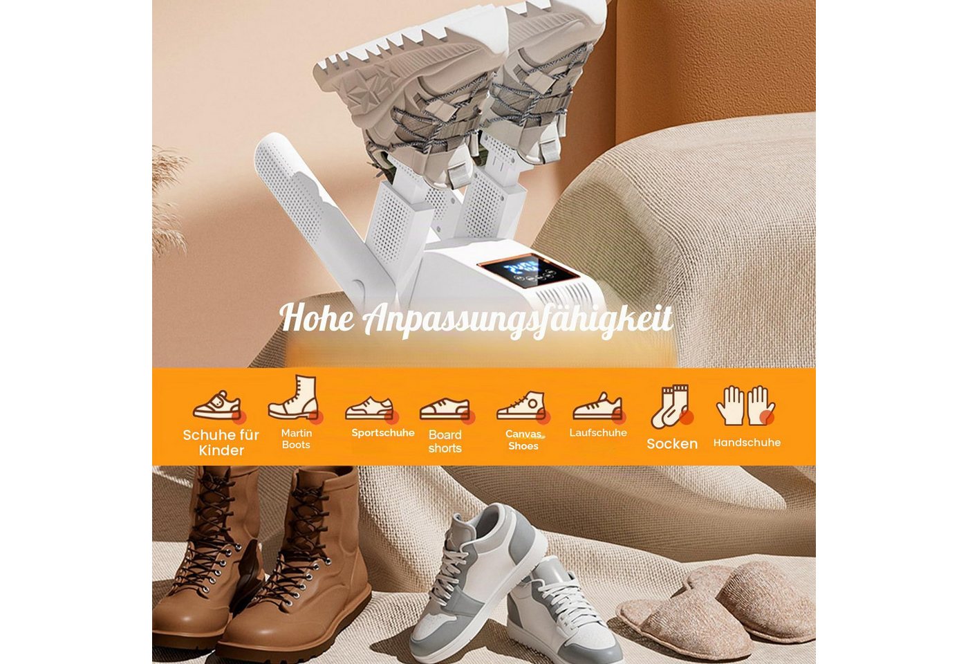 MOPUEA Schuhtrockner Elektrischer Schuhtrockner Haushaltstrockner faltbarer Schuhwärmer, Stiefeltrockner und Handschuhtrockner mit LED-Anzeige Timer-Funktion