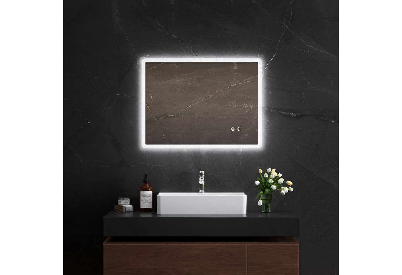 HOROW Badspiegel Badezimmerspiegel mit Touch-Schalter und dreifarbiger LED-Beleuchtung (Kaltweiß/Neutralweiß/Warmweiß Licht, Dimmbar, Antibeschlagfunktion, Speicherfunktion, 3 Lichtfarben, Anti-Beschlag), Dimmbar, Antibeschlag- und Speicherfunktion, Energiesparend