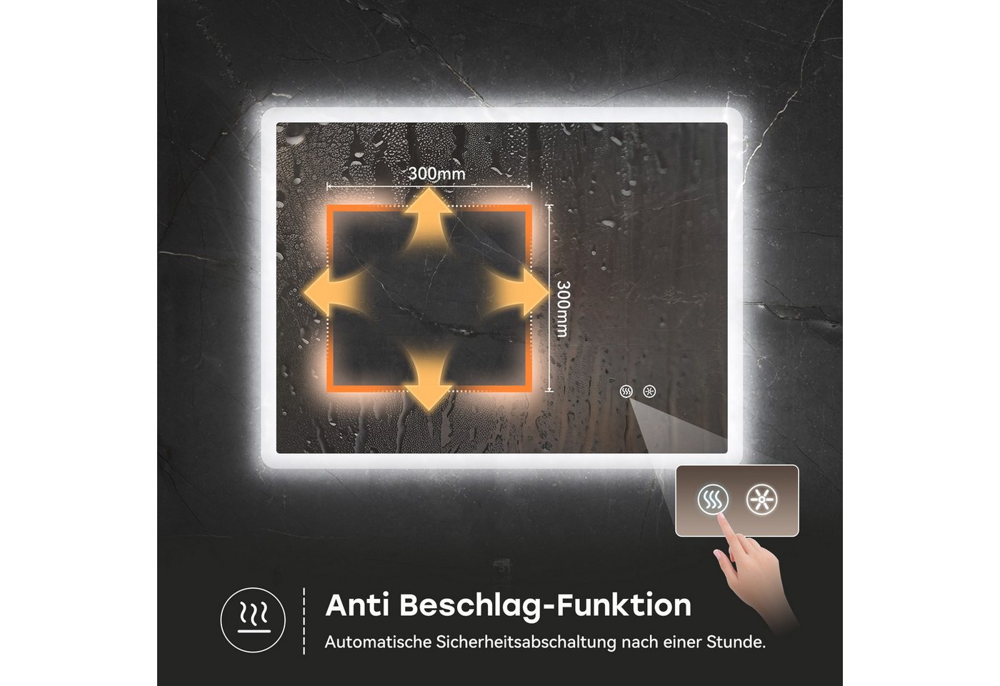 HOROW Badspiegel Badezimmerspiegel mit Touch-Schalter und dreifarbiger LED-Beleuchtung (Kaltweiß/Neutralweiß/Warmweiß Licht, Dimmbar, Antibeschlagfunktion, Speicherfunktion, 3 Lichtfarben, Anti-Beschlag), Dimmbar, Antibeschlag- und Speicherfunktion, Energiesparend Bild 3