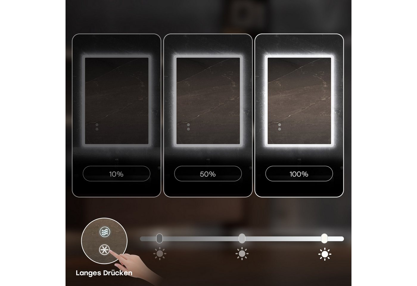 HOROW Badspiegel Badezimmerspiegel mit Touch-Schalter und dreifarbiger LED-Beleuchtung (Kaltweiß/Neutralweiß/Warmweiß Licht, Dimmbar, Antibeschlagfunktion, Speicherfunktion, 3 Lichtfarben, Anti-Beschlag), Dimmbar, Antibeschlag- und Speicherfunktion, Energiesparend Bild 4