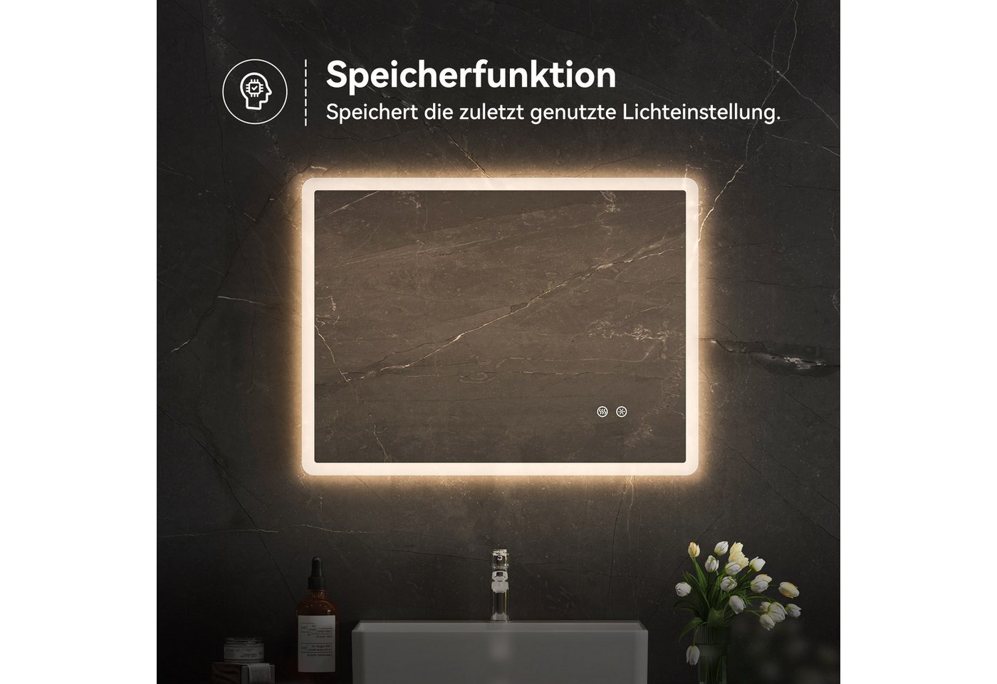 HOROW Badspiegel Badezimmerspiegel mit Touch-Schalter und dreifarbiger LED-Beleuchtung (Kaltweiß/Neutralweiß/Warmweiß Licht, Dimmbar, Antibeschlagfunktion, Speicherfunktion, 3 Lichtfarben, Anti-Beschlag), Dimmbar, Antibeschlag- und Speicherfunktion, Energiesparend Bild 5