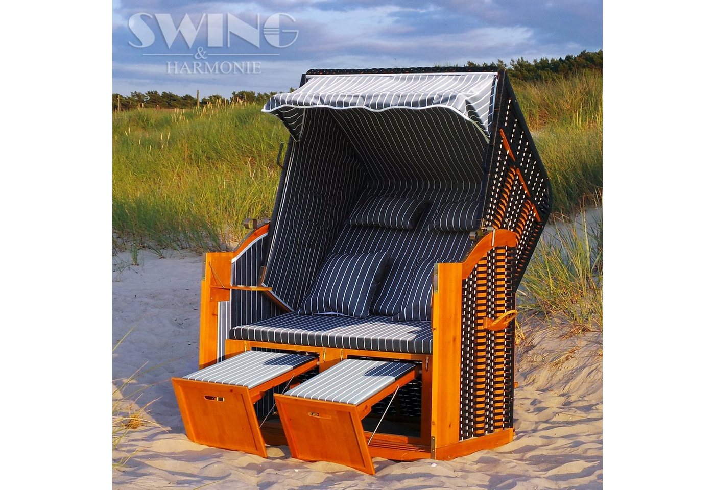 Swing&Harmonie Strandkorb XXL inkl. Abdeckcover Luxus Volllieger Gartenliege Ostsee, Volllieger, Ostsee, (4 Kissen, Klapptische, Zeitungsfächer) Bild 5