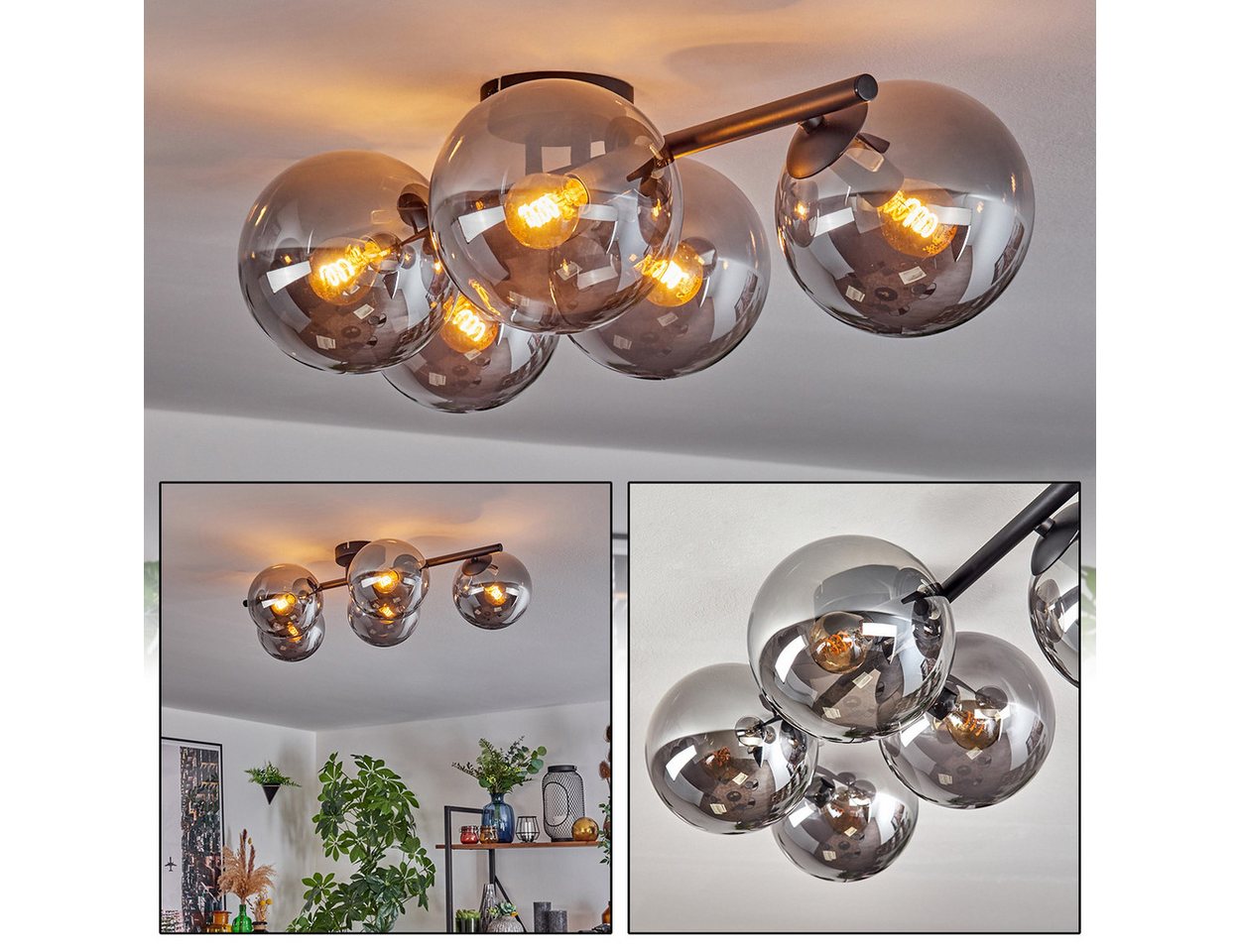 hofstein Deckenleuchte 5-flammige Deckenlampe aus Metall/Glas in Schwarz/Rauchfarben, ohne Leuchtmittel, moderne Leuchte im Retro/Vintage-Design (Schirme Ø 15 cm), E14
