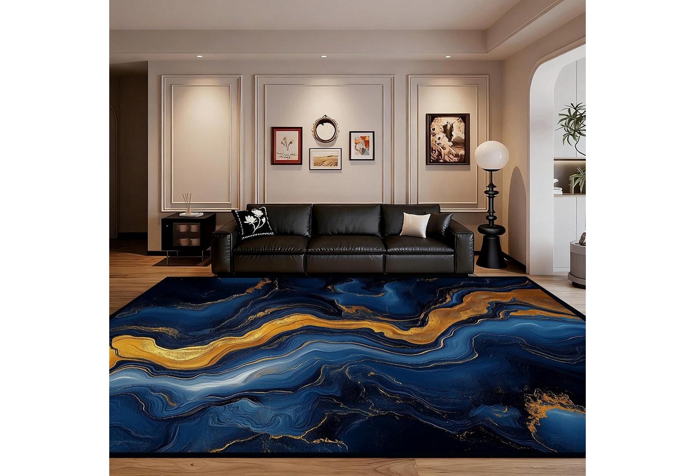 Jumpeak Teppich Blau‑Gold Marmor Fluid Teppich, abstraktes Edelstein‑Design, rechteckig, Höhe: 5 mm, Kunstkaschmir, pflegeleicht, kurze Fasern, angenehm zu tragen