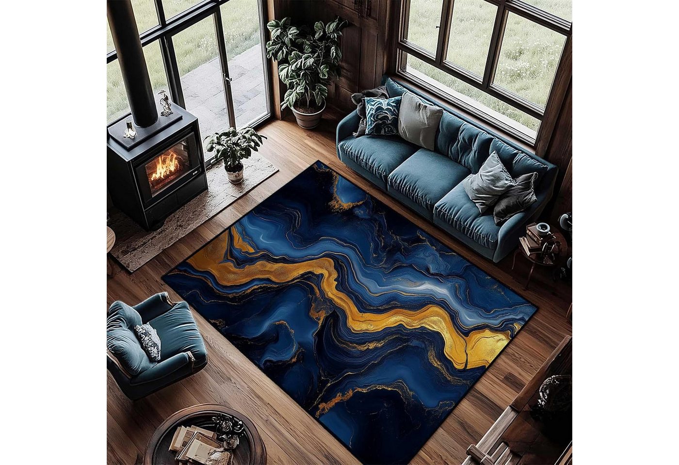 Jumpeak Teppich Blau‑Gold Marmor Fluid Teppich, abstraktes Edelstein‑Design, rechteckig, Höhe: 5 mm, Kunstkaschmir, pflegeleicht, kurze Fasern, angenehm zu tragen Bild 3