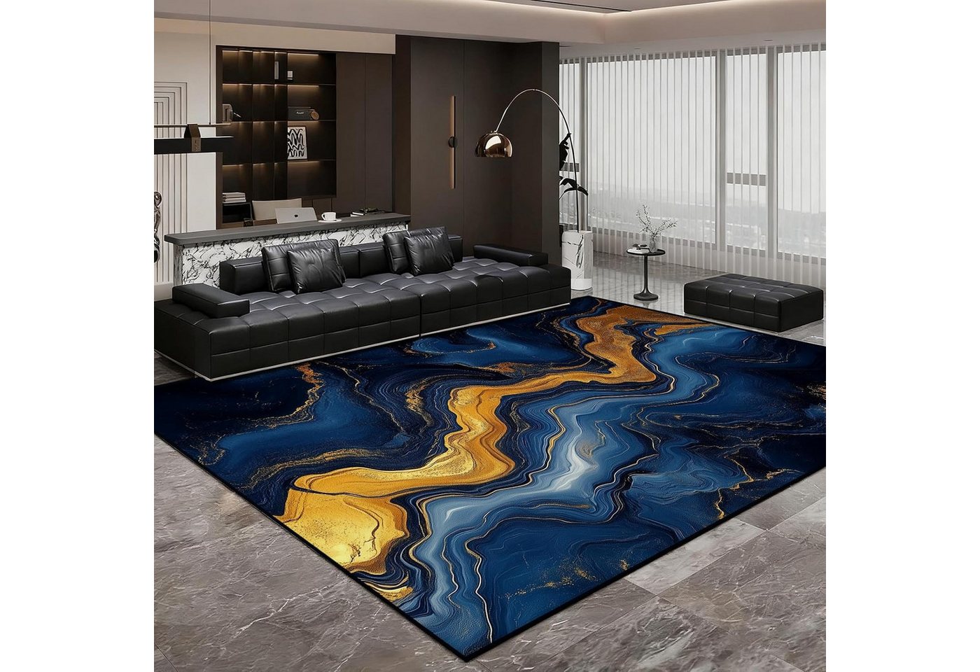 Jumpeak Teppich Blau‑Gold Marmor Fluid Teppich, abstraktes Edelstein‑Design, rechteckig, Höhe: 5 mm, Kunstkaschmir, pflegeleicht, kurze Fasern, angenehm zu tragen Bild 4