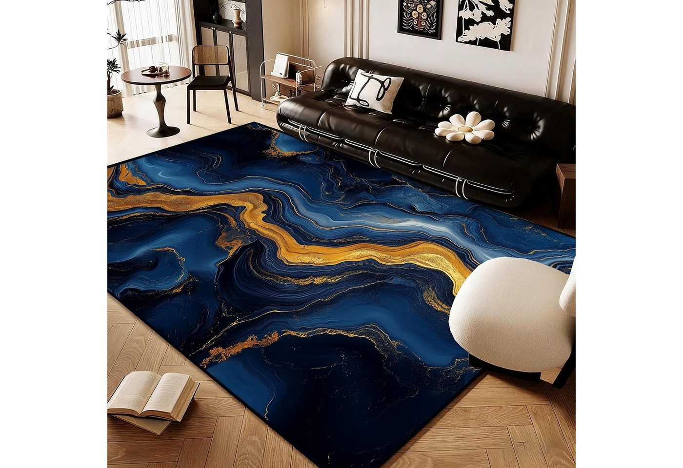 Jumpeak Teppich Blau‑Gold Marmor Fluid Teppich, abstraktes Edelstein‑Design, rechteckig, Höhe: 5 mm, Kunstkaschmir, pflegeleicht, kurze Fasern, angenehm zu tragen Bild 5