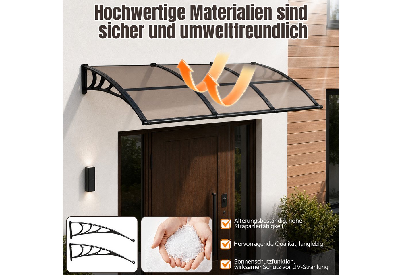 Clanmacy Vordach Haustürvordach mit Regenrinne 300 x 100 cm, Polycarbonat, Braun