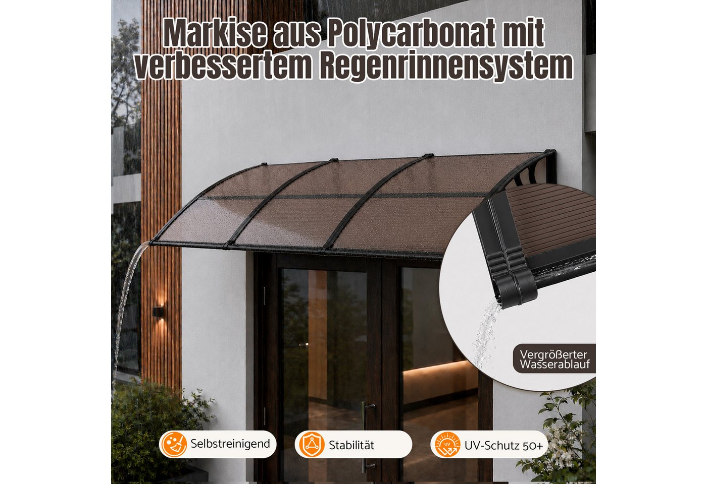Clanmacy Vordach Haustürvordach mit Regenrinne 300 x 100 cm, Polycarbonat, Braun Bild 2