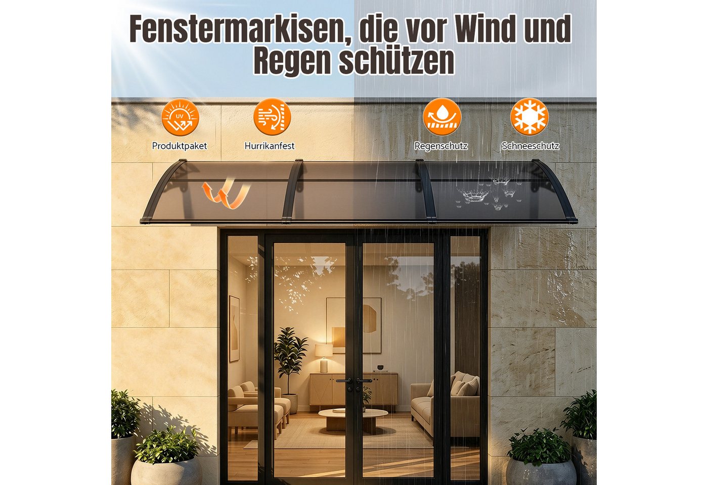 Clanmacy Vordach Haustürvordach mit Regenrinne 300 x 100 cm, Polycarbonat, Braun Bild 4