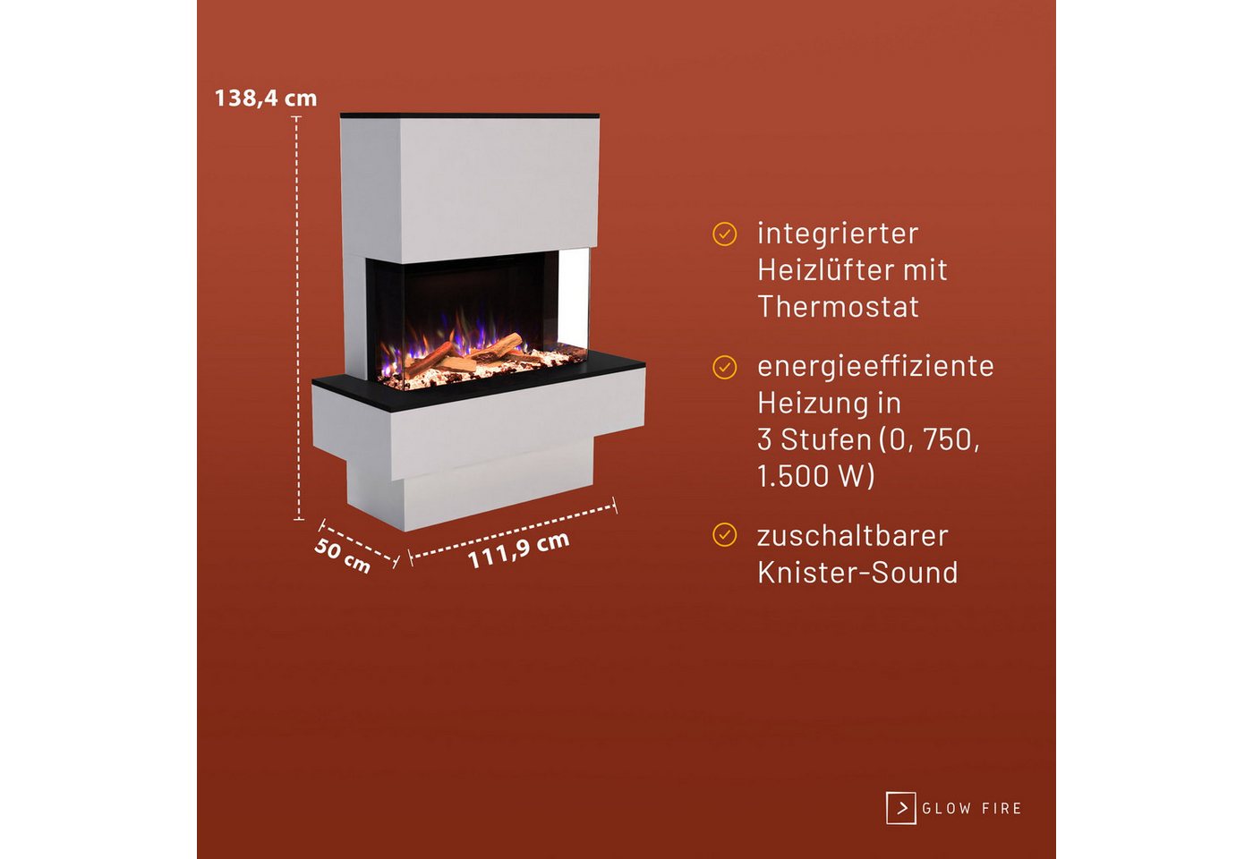 GLOW FIRE Elektrokamin PR18 E-Motion 3D, Elektrischer Kamin mit 3D Feuer mit Heizung, täuschend echte Flamme mit Heizung, 3 Dekorationen