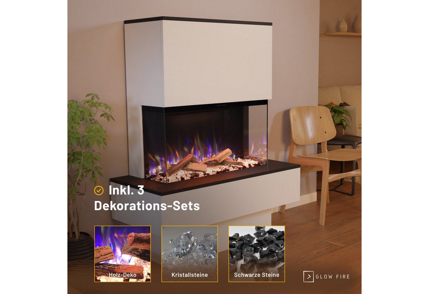 GLOW FIRE Elektrokamin PR18 E-Motion 3D, Elektrischer Kamin mit 3D Feuer mit Heizung, täuschend echte Flamme mit Heizung, 3 Dekorationen Bild 4