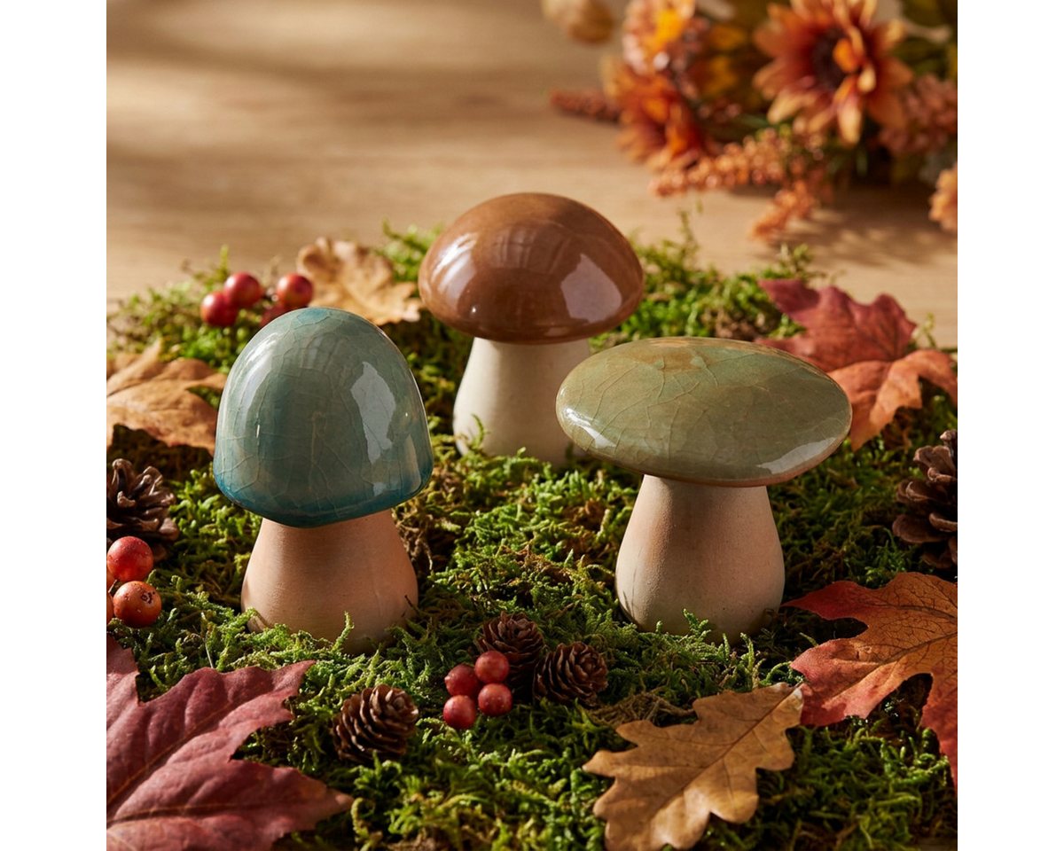 Florists Products Streudeko Keramik Pilze Deko Herbst Braun Grün Blau Wohnzimmer Tischdeko, 3 Stü
