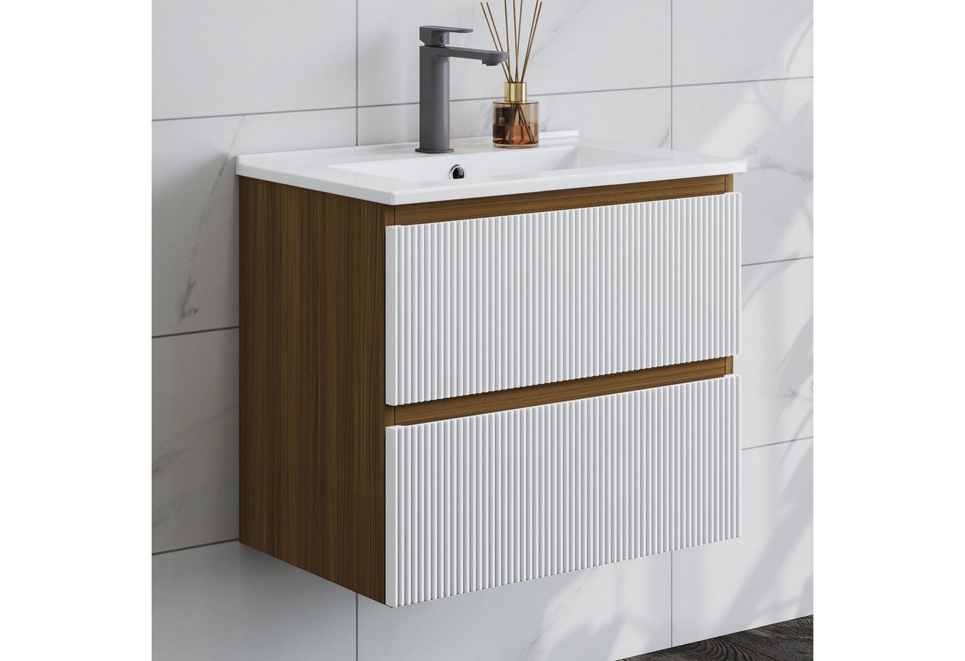 duschspa Waschtisch Waschbecken mit Unterschrank Badmöbel Set Hängeschrank, Weiß/Schwarz/Eiche/Nussbaum/Dunklegrau, 50-120 cm Bild 4