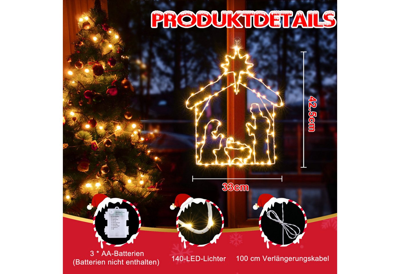 Quntis LED-Lichterkette Led weihnachtsdeko für fenster, innen/außen, weihnachtsstern, mit Timer Memory Funktion
