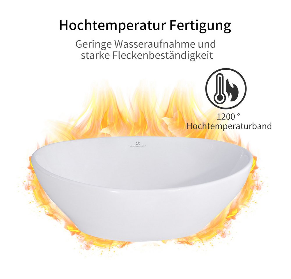 HOMELODY Aufsatzwaschbecken Waschbecken Set Keramik mit Siphon und Ablaufgarnitur, Hochglänzende Oberfläche mit Nanoversiegelung.