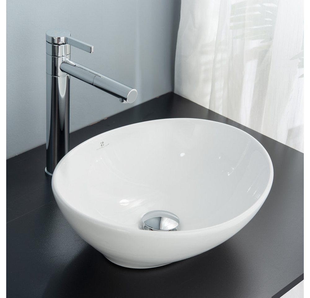 HOMELODY Aufsatzwaschbecken Waschbecken Set Keramik mit Siphon und Ablaufgarnitur, Hochglänzende Oberfläche mit Nanoversiegelung. Bild 3