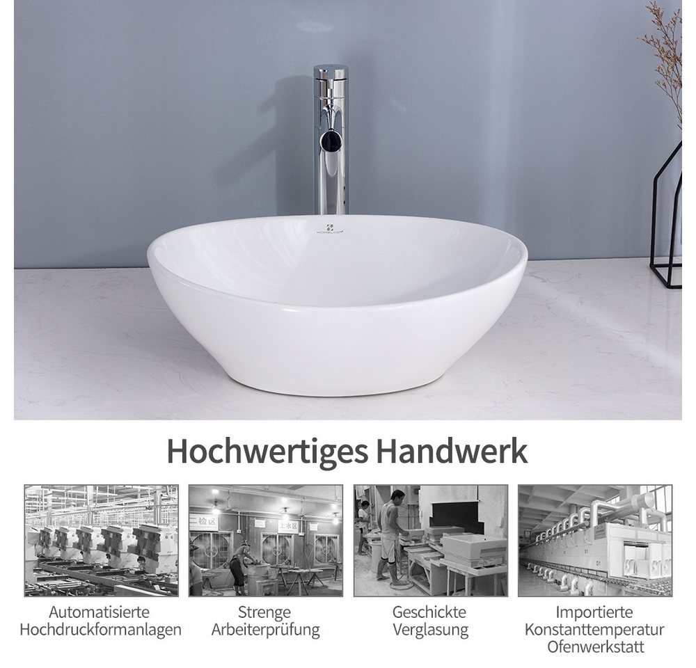 HOMELODY Aufsatzwaschbecken Waschbecken Set Keramik mit Siphon und Ablaufgarnitur, Hochglänzende Oberfläche mit Nanoversiegelung. Bild 4
