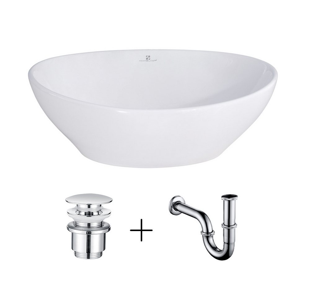 HOMELODY Aufsatzwaschbecken Waschbecken Set Keramik mit Siphon und Ablaufgarnitur, Hochglänzende Oberfläche mit Nanoversiegelung. Bild 5