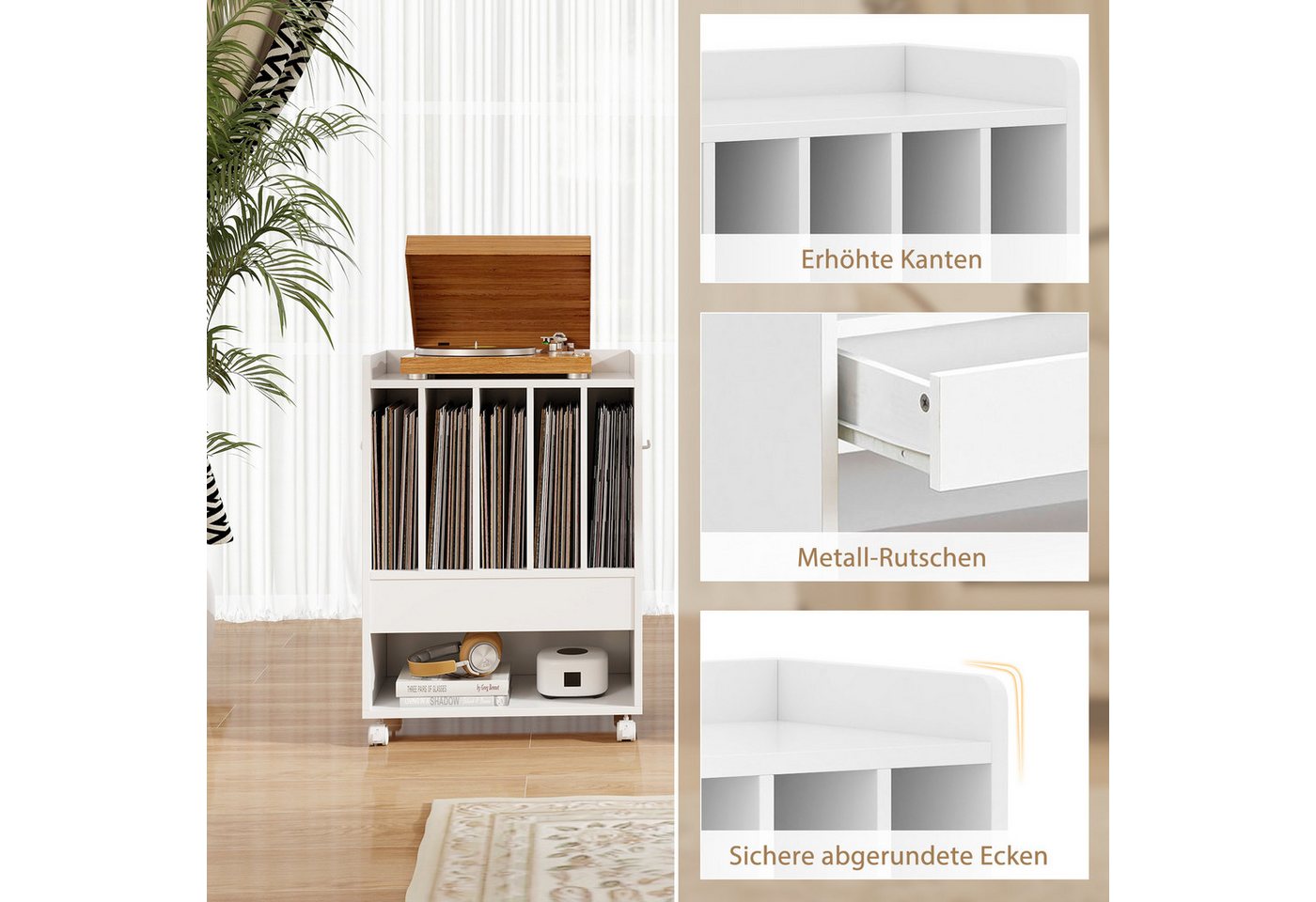 KOMFOTTEU Regal Plattenspieler-Ständer, mit Rollen, Schublade, Seitenhaken & Ablagefläche