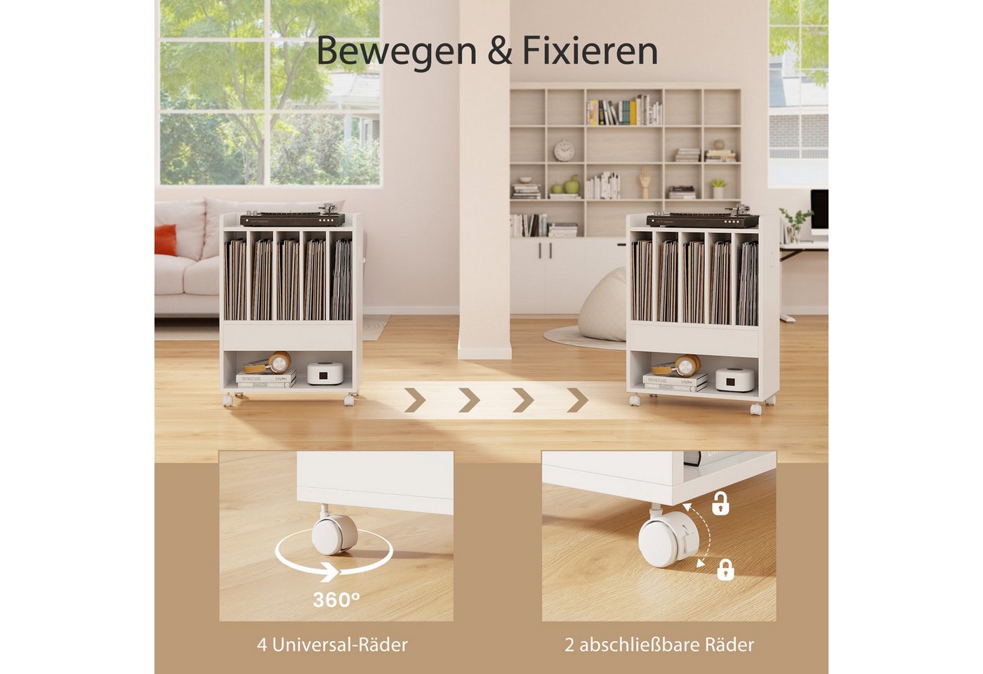KOMFOTTEU Regal Plattenspieler-Ständer, mit Rollen, Schublade, Seitenhaken & Ablagefläche Bild 2