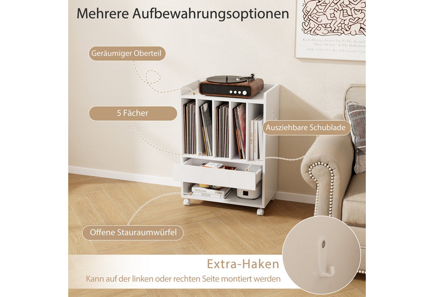 KOMFOTTEU Regal Plattenspieler-Ständer, mit Rollen, Schublade, Seitenhaken & Ablagefläche Bild 3