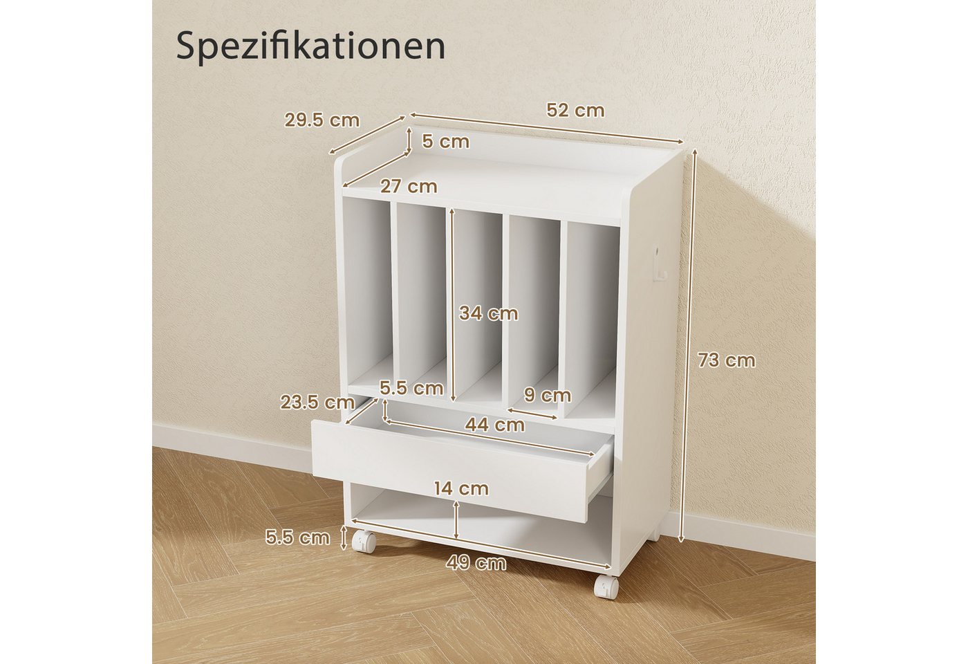 KOMFOTTEU Regal Plattenspieler-Ständer, mit Rollen, Schublade, Seitenhaken & Ablagefläche Bild 5