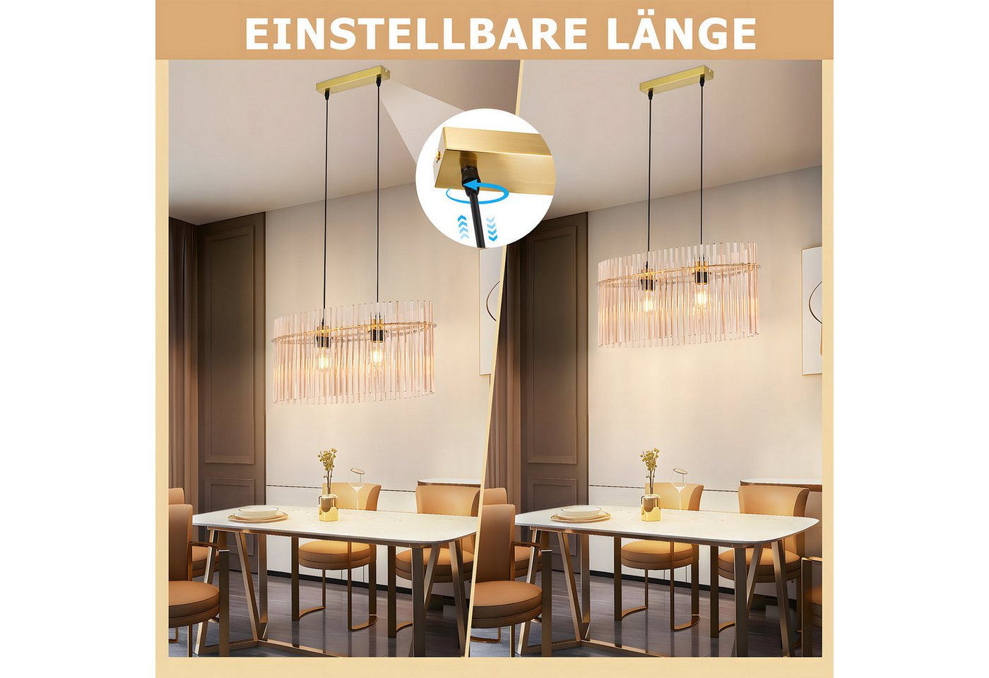 Nettlife Pendelleuchte Modern Gold/ Schwarz 2-Flammig,Glas,E27 Hängelampe mit Kristall Schirm, ohne Leuchtmittel, für Esszimmer Küche Wohnzimmer, Höhenverstellbar
