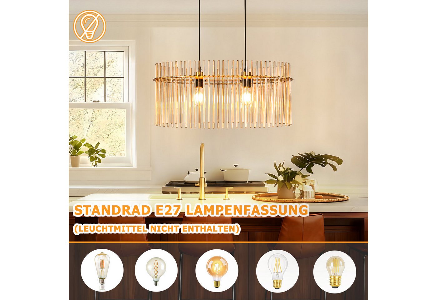 Nettlife Pendelleuchte Modern Gold/ Schwarz 2-Flammig,Glas,E27 Hängelampe mit Kristall Schirm, ohne Leuchtmittel, für Esszimmer Küche Wohnzimmer, Höhenverstellbar Bild 3