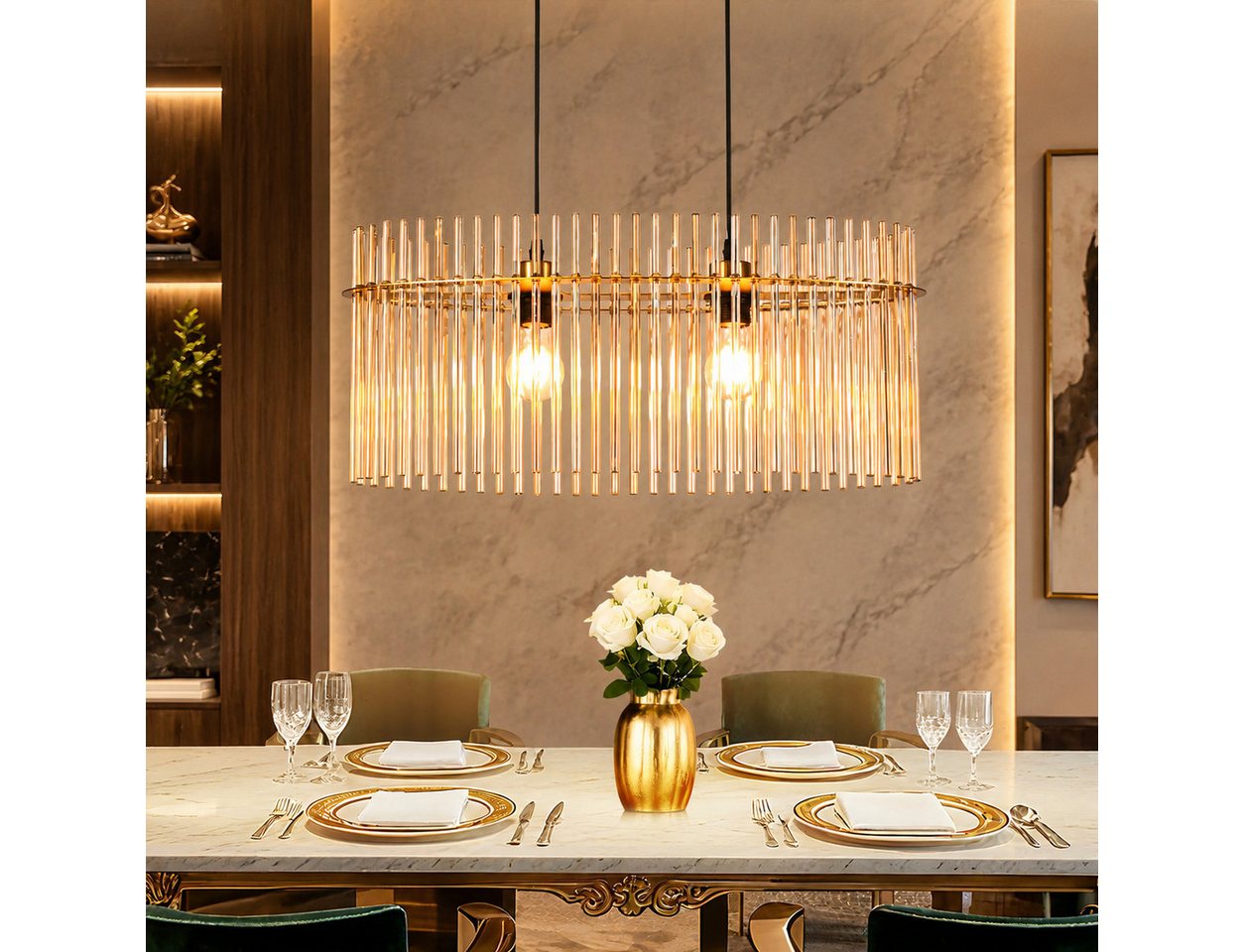 Nettlife Pendelleuchte Modern Gold/ Schwarz 2-Flammig,Glas,E27 Hängelampe mit Kristall Schirm, ohne Leuchtmittel, für Esszimmer Küche Wohnzimmer, Höhenverstellbar Bild 4