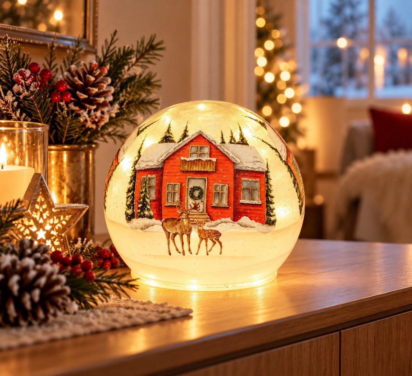 formano LED Kugelleuchte LED Deko Kugel Glas, 12 cm, Winterlandschaft in geeister Optik, Timer Bild 2