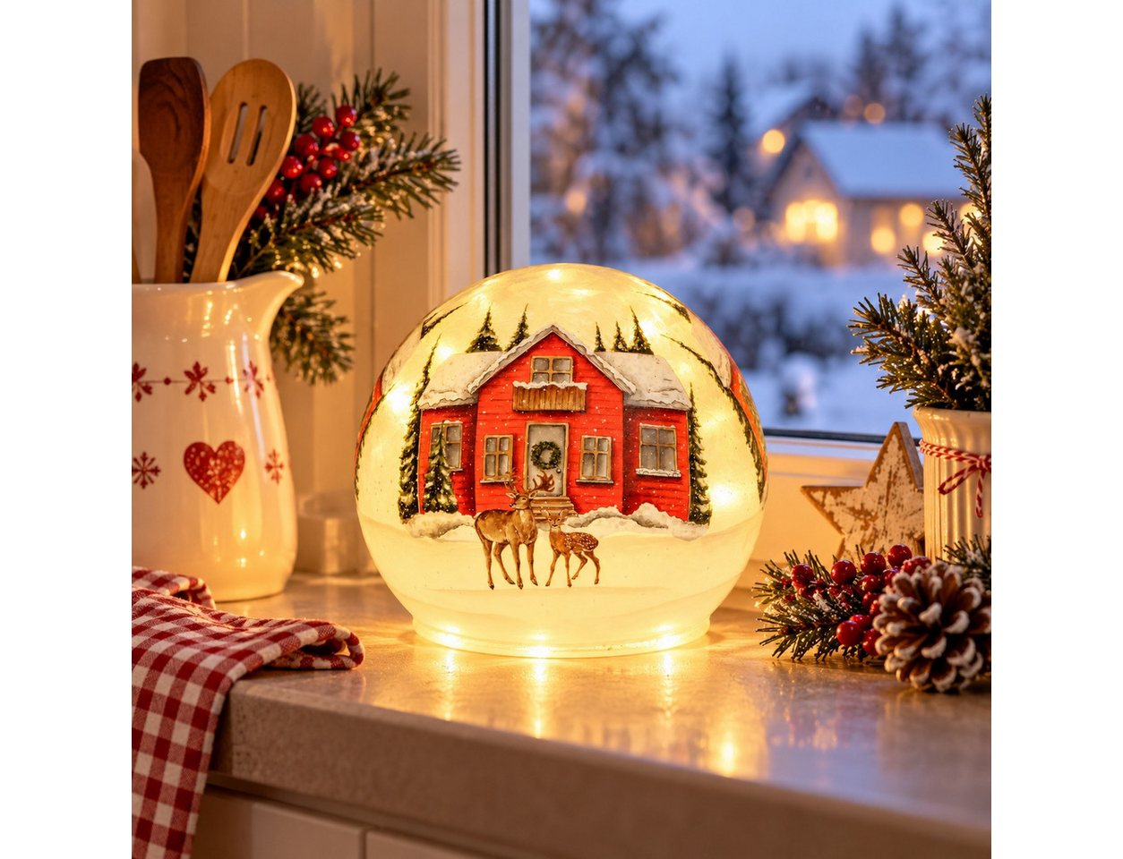 formano LED Kugelleuchte LED Deko Kugel Glas, 12 cm, Winterlandschaft in geeister Optik, Timer Bild 4