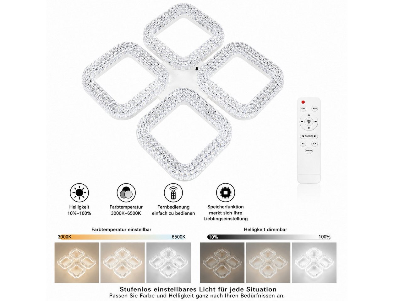 Eurohandisplay LED Deckenleuchte LED Deckenleuchte dimmbar mit Fernbedienung, stufenlos 3000–7000 K, LED fest integriert, Warm- bis Kaltweiß, Lichtfarbe und Helligkeit einstellbar Bild 4