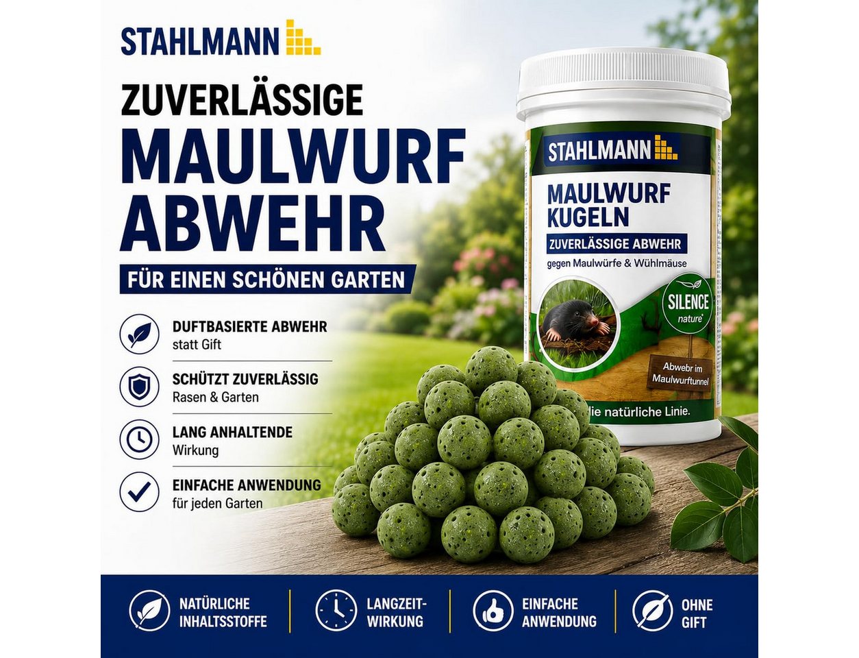 STAHLMANN Vergrämungsmittel Maulwurf Power Kugeln [100 Stück] Maulwürfe vertreiben, 100-St., 100 Kugeln, Zitroneneukalyptusöl, ohne Falle und Gas