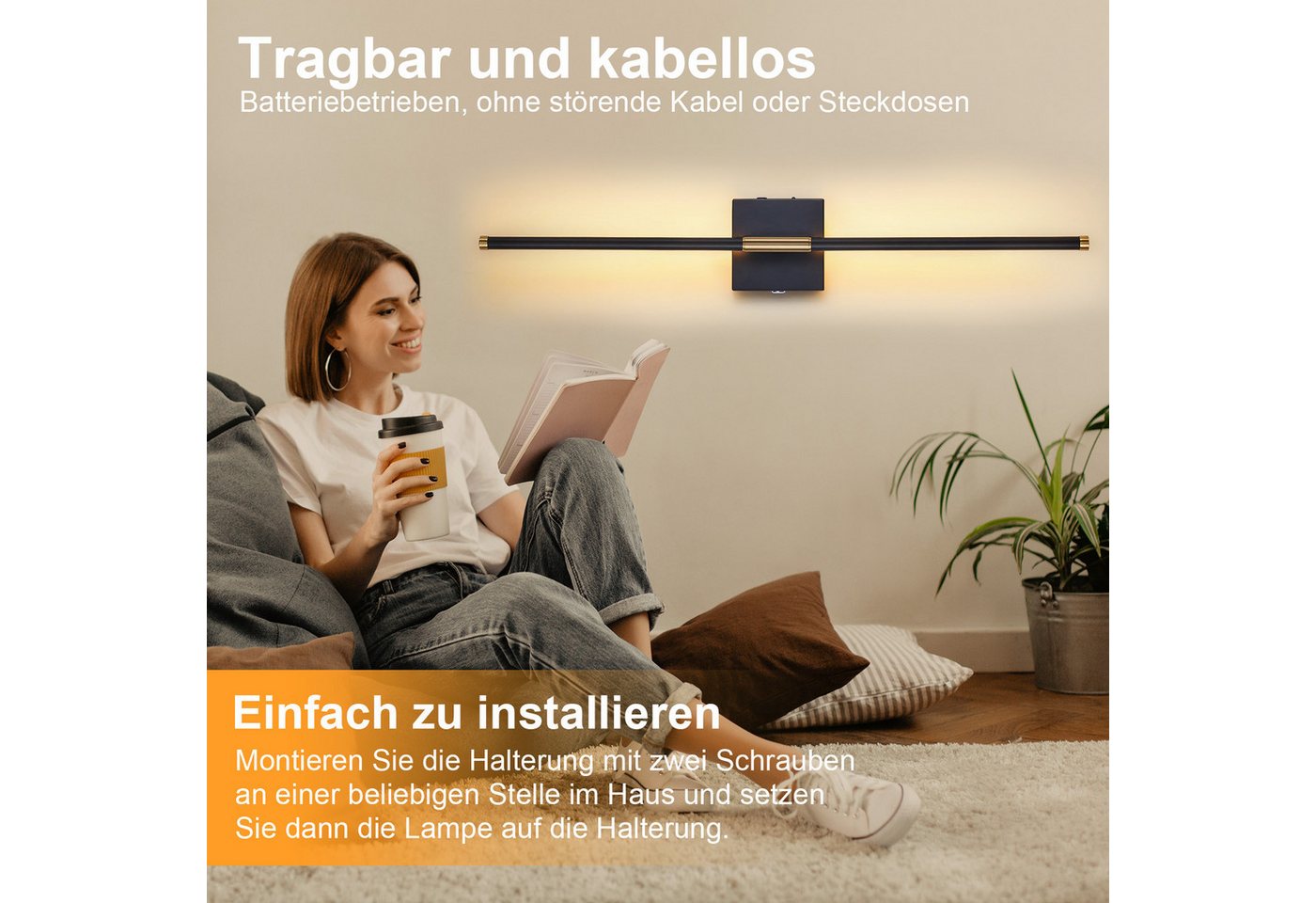 Rosnek LED Wandleuchte Innen Akku 10000mAh, LED Wandlampe kabellos mit Fernbedienung, LED fest integriert, 300 lm, Eisen/Alu/PC, 330° schwenkbar für Schlafzimmer, Flur & Büro