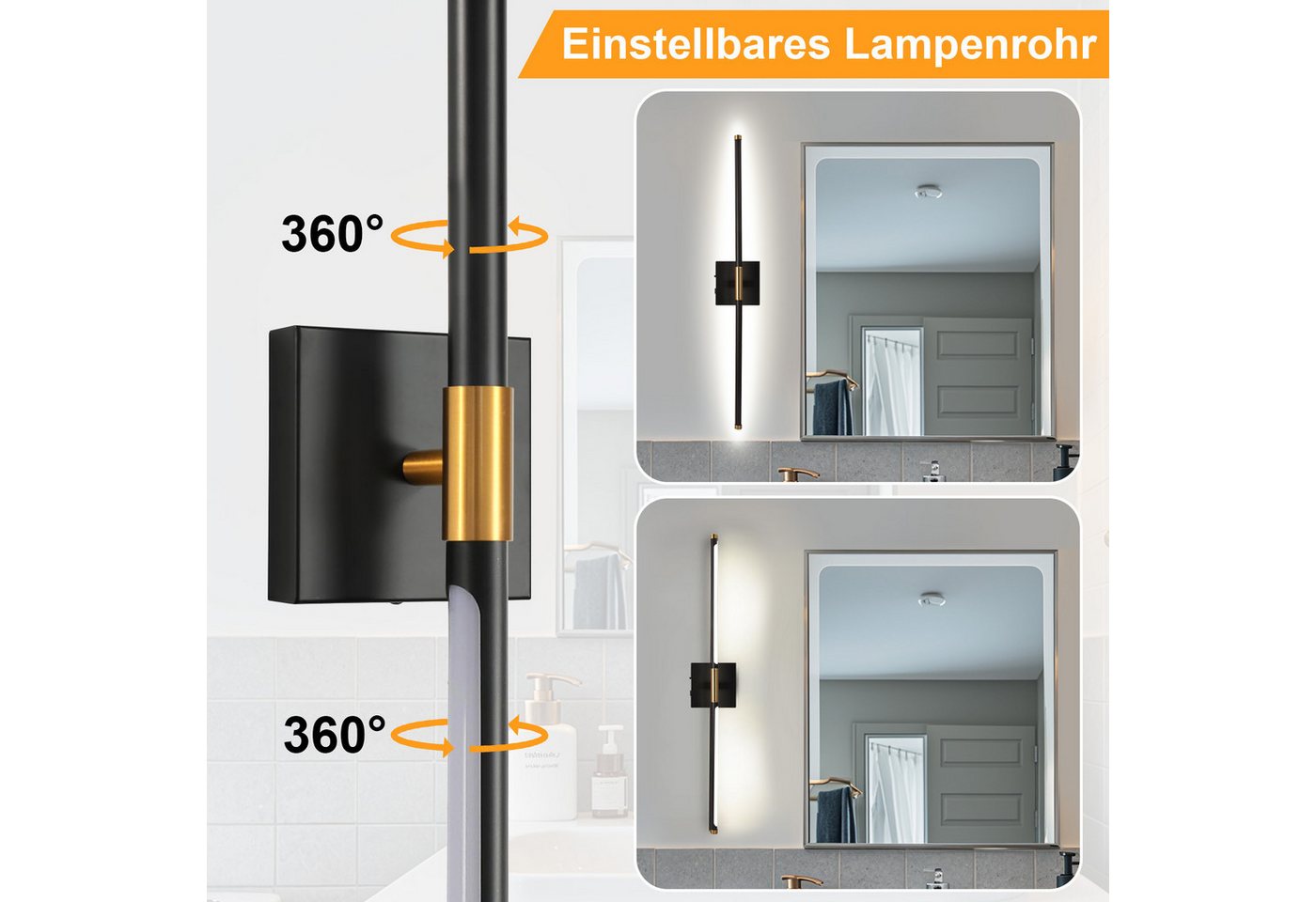 Rosnek LED Wandleuchte Innen Akku 10000mAh, LED Wandlampe kabellos mit Fernbedienung, LED fest integriert, 300 lm, Eisen/Alu/PC, 330° schwenkbar für Schlafzimmer, Flur & Büro Bild 5