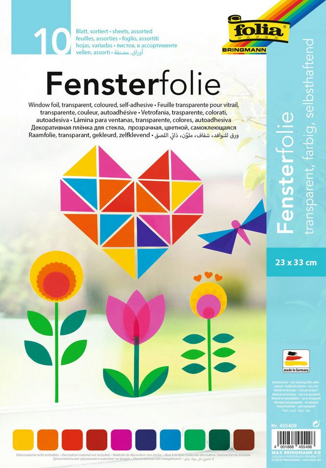 Folia Max Bringmann KG Fensterfolie Basic – 10 Bogen farbig & transparent, 23 × 33 cm
