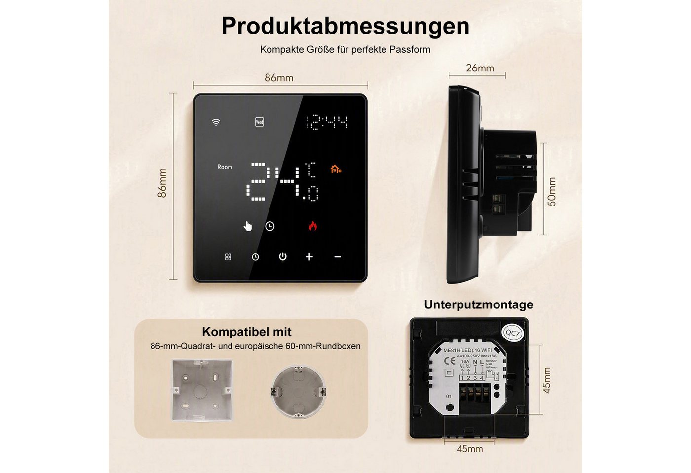 CONENTOOL Raumthermostat WLAN Smart Thermostat, max. 250 V, Elektronisch, (1-St., 16 A, Wöchentlich programmierbarer, Touchscreen), für Elektro-Heizung, programmierbar, App-Fernbedienung Bild 3