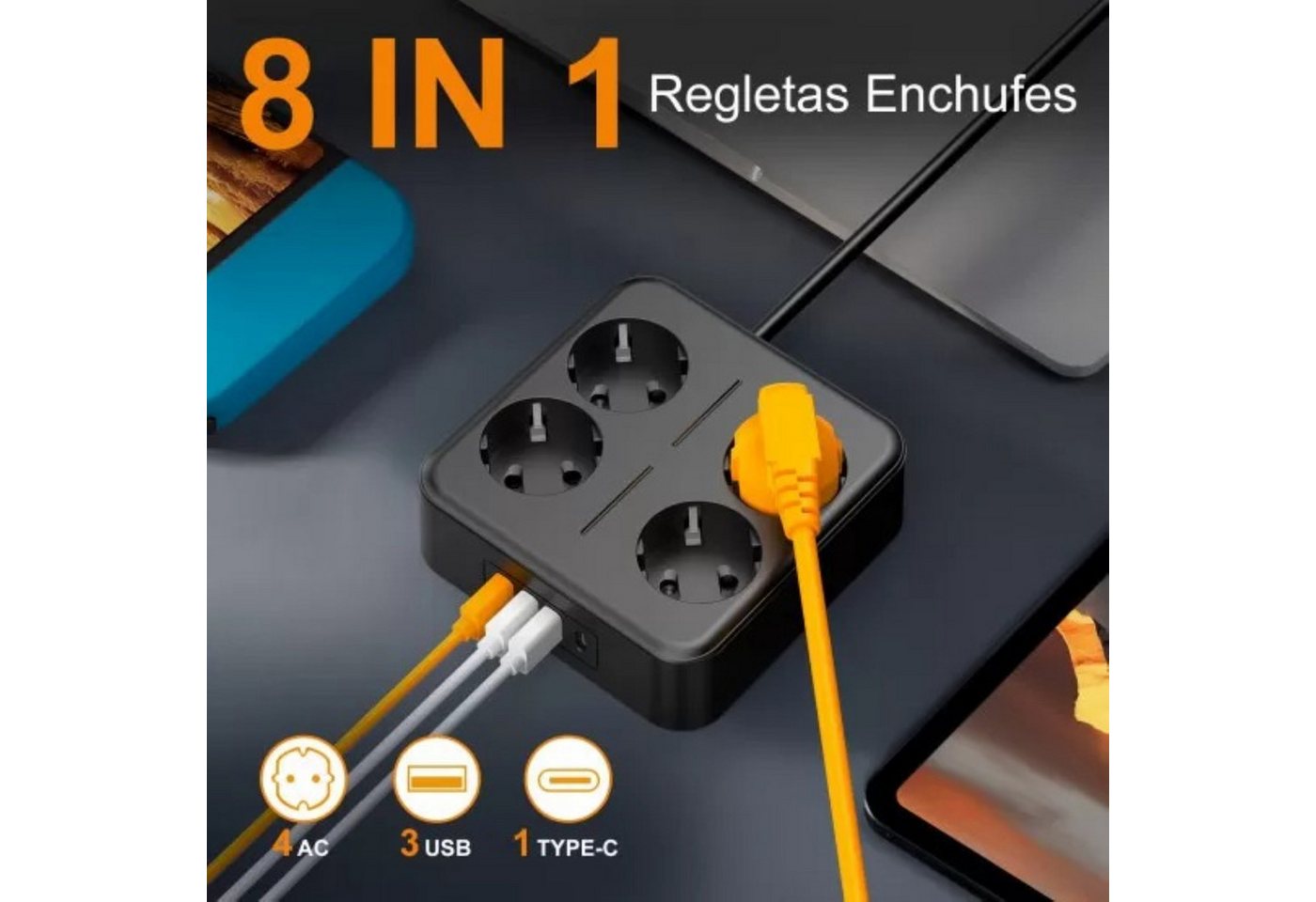 ShenzhenJilongLightingElectricalAppliances Co.,Ltd. Mehrfachsteckdose 4x Schuko 5x USB (4A + 1C) 4000W Schutzfunktionen Mehrfachsteckdose 9-fach (Schuko-Steckdosen, Kurzschlussschutz, USB-A, Überspannungsschutz, USB-C, Kurzschlussschutz, Überlastschutz), Mehrfachsteckdose für Haus Büro, kompakt, robust, 4000 W 2 m Kabel Bild 2