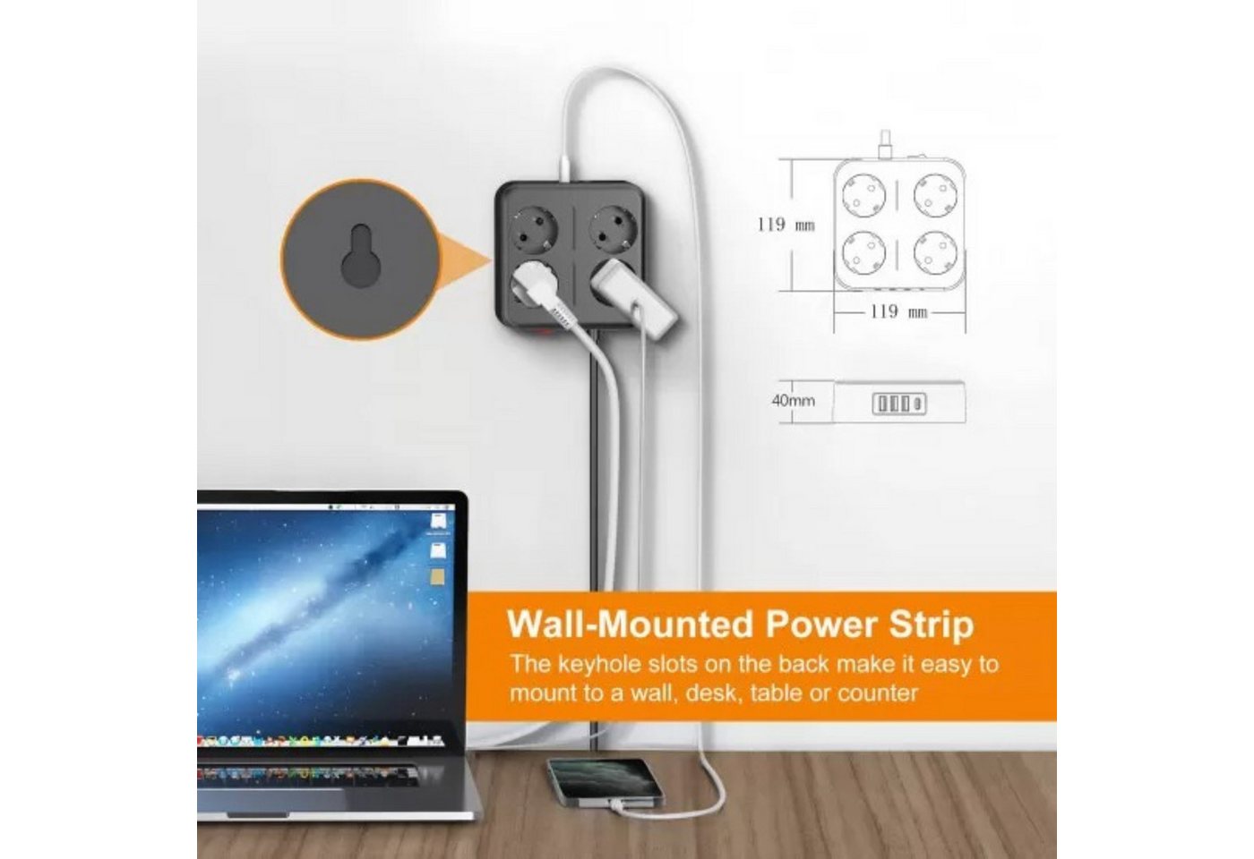 ShenzhenJilongLightingElectricalAppliances Co.,Ltd. Mehrfachsteckdose 4x Schuko 5x USB (4A + 1C) 4000W Schutzfunktionen Mehrfachsteckdose 9-fach (Schuko-Steckdosen, Kurzschlussschutz, USB-A, Überspannungsschutz, USB-C, Kurzschlussschutz, Überlastschutz), Mehrfachsteckdose für Haus Büro, kompakt, robust, 4000 W 2 m Kabel Bild 3