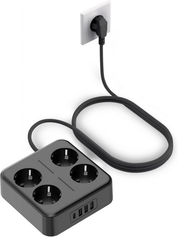 ShenzhenJilongLightingElectricalAppliances Co.,Ltd. Mehrfachsteckdose 4x Schuko 5x USB (4A + 1C) 4000W Schutzfunktionen Mehrfachsteckdose 9-fach (Schuko-Steckdosen, Kurzschlussschutz, USB-A, Überspannungsschutz, USB-C, Kurzschlussschutz, Überlastschutz), Mehrfachsteckdose für Haus Büro, kompakt, robust, 4000 W 2 m Kabel Bild 4