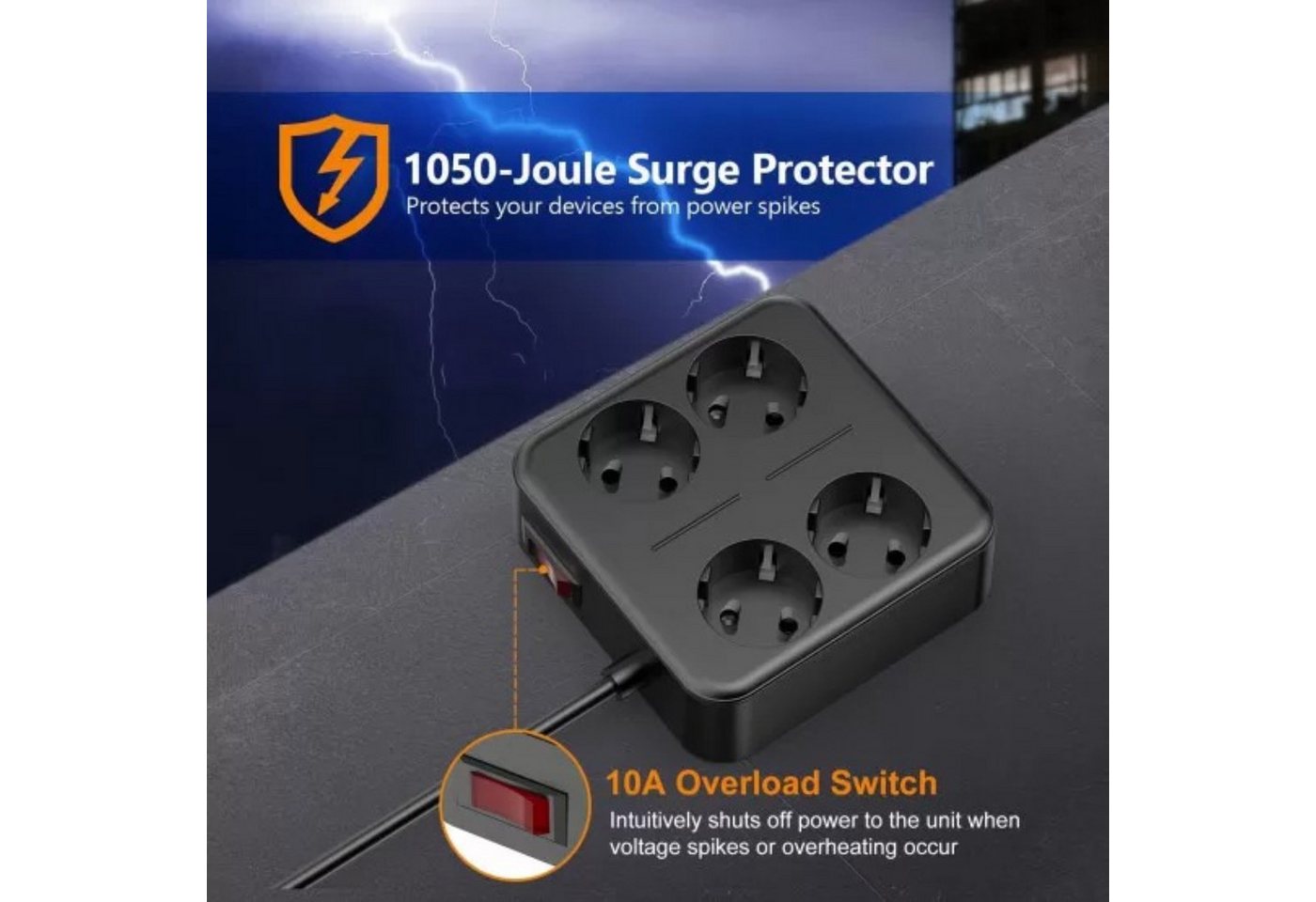 ShenzhenJilongLightingElectricalAppliances Co.,Ltd. Mehrfachsteckdose 4x Schuko 5x USB (4A + 1C) 4000W Schutzfunktionen Mehrfachsteckdose 9-fach (Schuko-Steckdosen, Kurzschlussschutz, USB-A, Überspannungsschutz, USB-C, Kurzschlussschutz, Überlastschutz), Mehrfachsteckdose für Haus Büro, kompakt, robust, 4000 W 2 m Kabel Bild 5