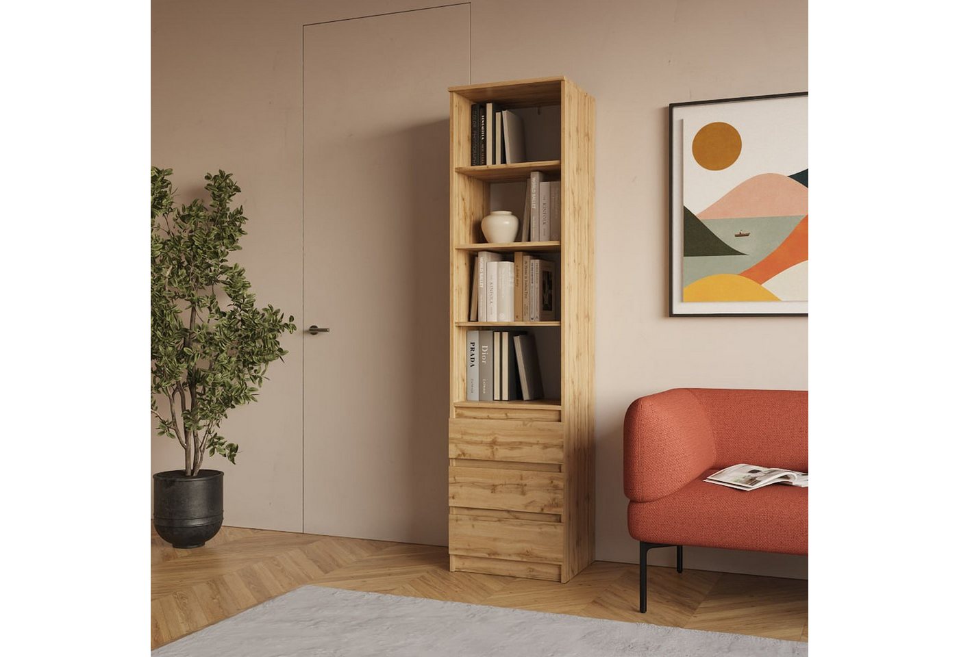 Raumhirsch Furniture Bücherregal Regal, Standregal, Aufbewahrungsregal, Wohnzimmerregal, Maße: 50,1 x 200,3 x 43,3 cm (3 Schubladen, 4 offene Fächer), Rollenauszüge, robuste Konstruktion, Viel Stauraum Bild 3