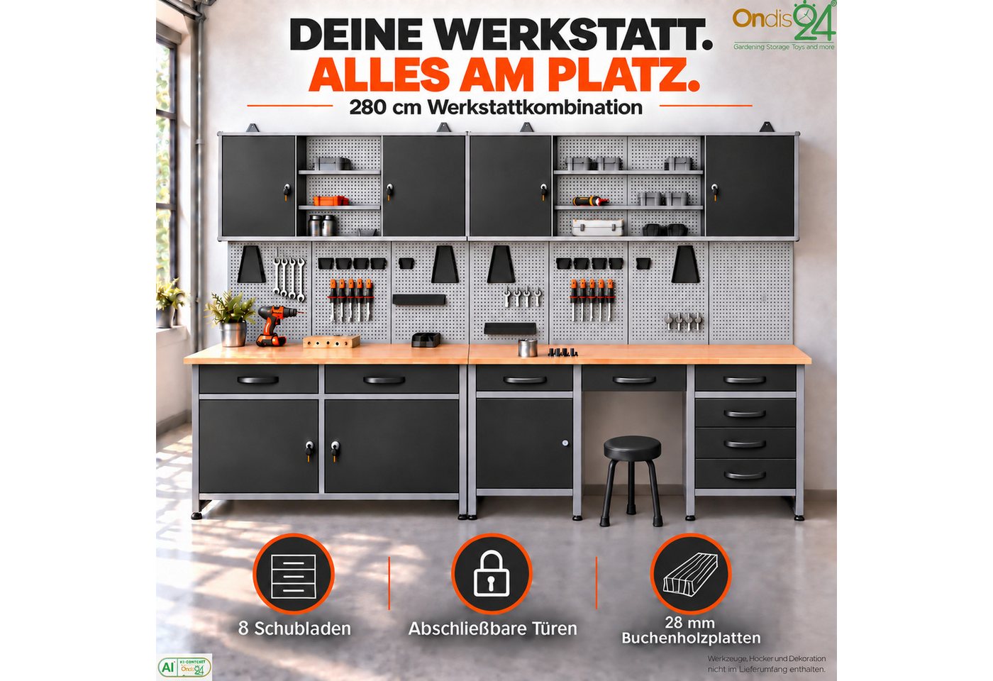 ONDIS24 Werkstatt-Set Herkules 280 cm Werkbank 8 Schubladen Hängeschränke Lochwand