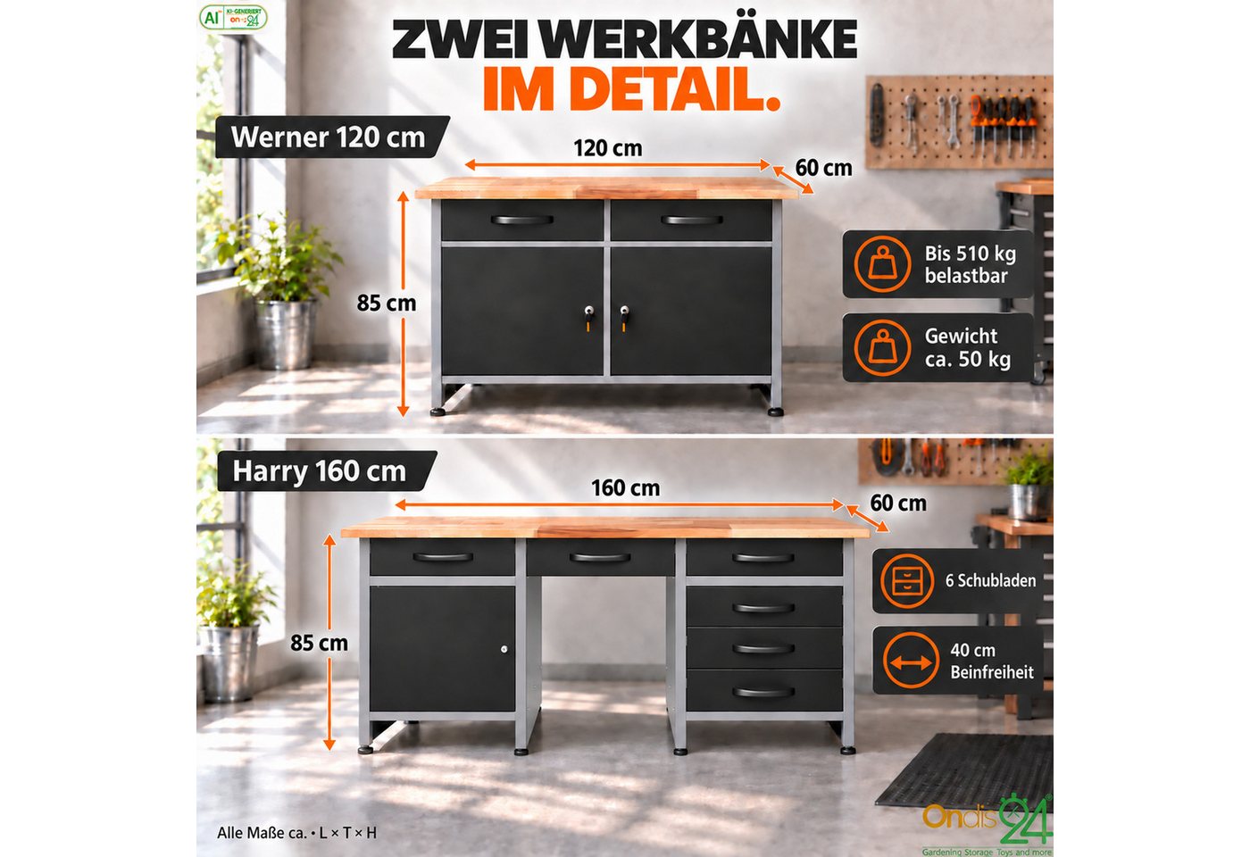 ONDIS24 Werkstatt-Set Herkules 280 cm Werkbank 8 Schubladen Hängeschränke Lochwand Bild 2