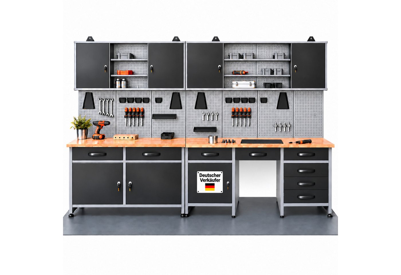 ONDIS24 Werkstatt-Set Herkules 280 cm Werkbank 8 Schubladen Hängeschränke Lochwand Bild 3