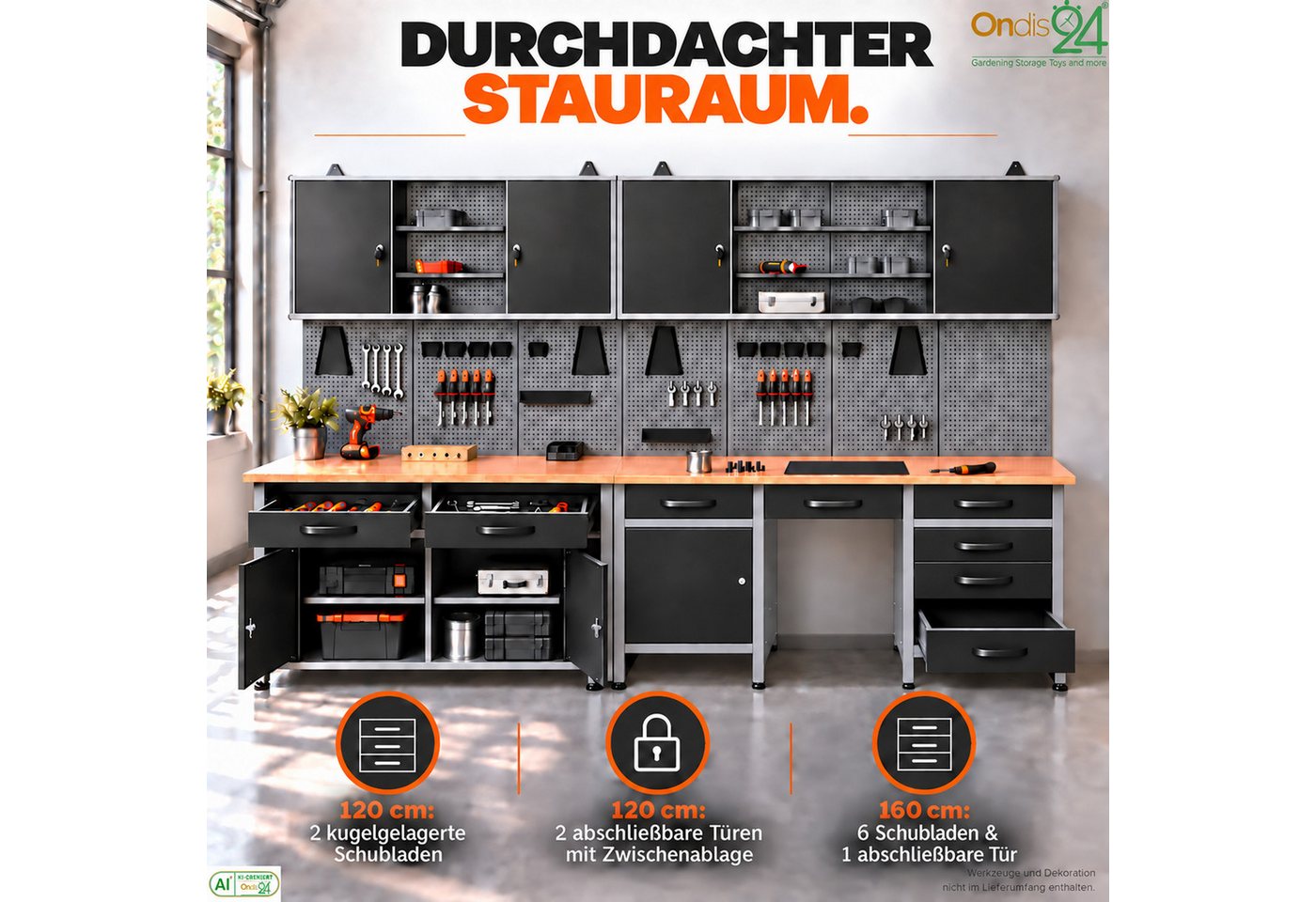 ONDIS24 Werkstatt-Set Herkules 280 cm Werkbank 8 Schubladen Hängeschränke Lochwand Bild 4