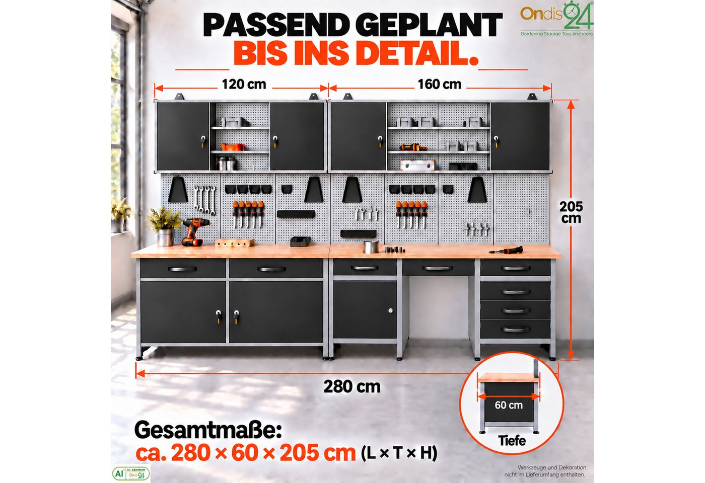 ONDIS24 Werkstatt-Set Herkules 280 cm Werkbank 8 Schubladen Hängeschränke Lochwand Bild 5