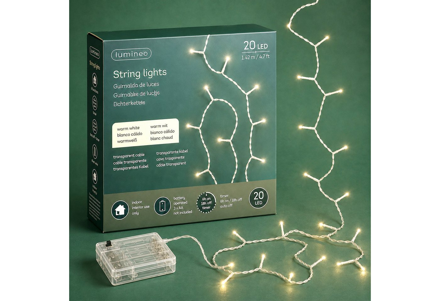 Lumineo LED-Lichterkette, LED Lichterkette 142,5cm Basic Batterie 20 LEDs Warmweiß / transparent
