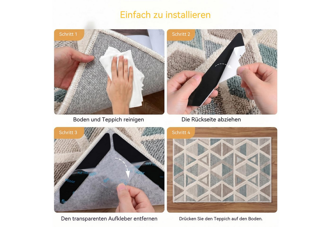 Diwzbyn Antirutsch Teppichunterlage Rutschfestes Teppichklebeband für Hartholzböden, 10er-Pack, (10-St), Wiederverwendbares Anti-Rutsch-Klebeband für Teppiche